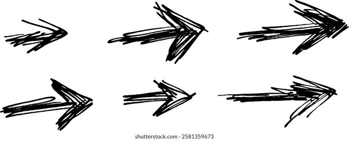 A collection of hand-drawn black arrows pointing to the right, varying in size and style, suitable for graphic design or illustration purposes.