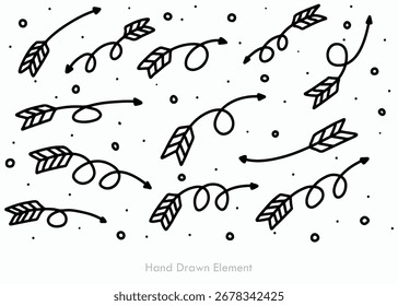 A collection of hand-drawn black arrows pointing in various directions, some curved, some spiraled, scattered with small circles on a white background.