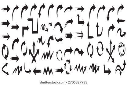 A collection of hand-drawn, black arrows in various styles and directions, perfect for design and navigation elements.