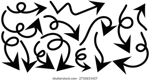 Collection of hand-drawn, black arrows in various whimsical and directional styles on a white background.	