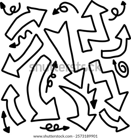 A collection of hand-drawn black arrows in various styles and directions, including straight, curved, wavy, and zigzag patterns, scattered on a white background.