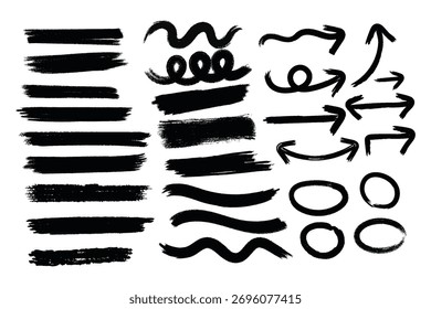 Collection of hand-drawn black brush stroke elements including lines, arrows, scribbles, and circles on a white background.