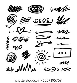 Collection of hand-drawn black doodles and sketches features swirls, lines, and arrow designs for creative projects