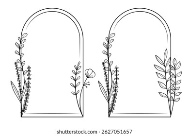 A collection of hand-drawn black floral frames featuring various plant designs, ideal for invitations, wedding designs, or nature-inspired digital projects. 