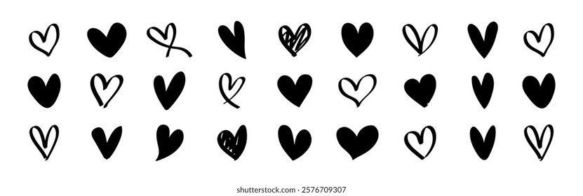 A collection of hand-drawn black hearts. Various heart shapes in a simple, artistic style. Black hearts repeated in a minimalist, doodle design. Valentine's element vector set.