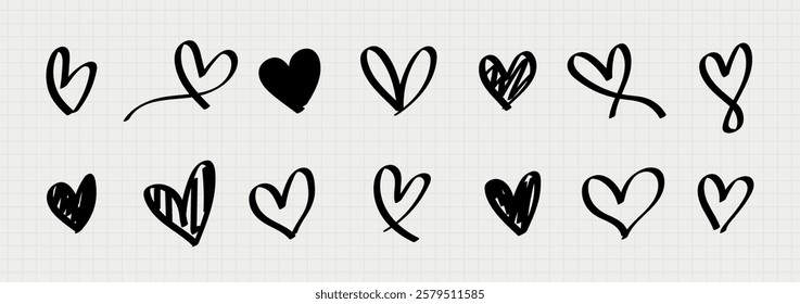 A collection of hand-drawn black hearts in various styles on a grid background. Each heart is unique, showcasing different artistic expressions and shapes. Valentine illustrations, isolated vectors.