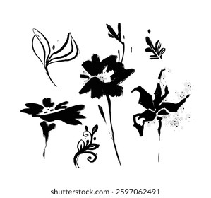A collection of hand-drawn black ink floral elements featuring various flowers and leaves in an artistic brushstroke style on a white background. Concept of botanical design. Vector illustration