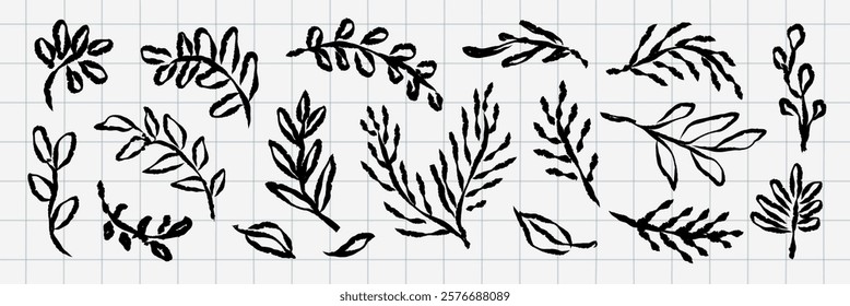 Collection of hand-drawn black leaves and branches on a grid background. Leafy designs, branches, and leaves in various styles. Nature-inspired leaf patterns. Hand drawn botanical vector set.