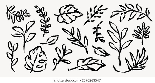 A collection of hand-drawn black leaves, featuring various leaf shapes and sizes. These artistic leaves create a natural, organic pattern with simple, elegant lines. Hand drawn botanical vector set.
