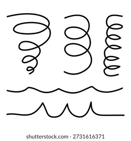 A collection of hand-drawn black line elements featuring spirals, curls, waves, and decorative strokes, perfect for doodle designs, borders, accents, and creative graphic compositions.