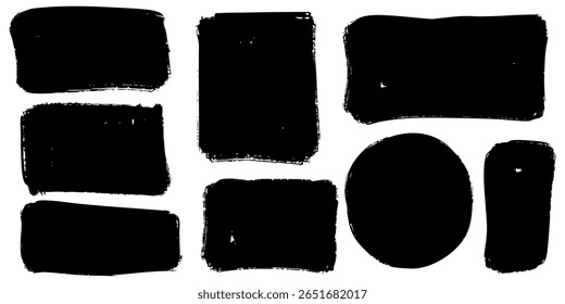 Coleção de pincéis pretos desenhados à mão traçam formas em várias formas, incluindo retângulos, círculos e quadrados. 