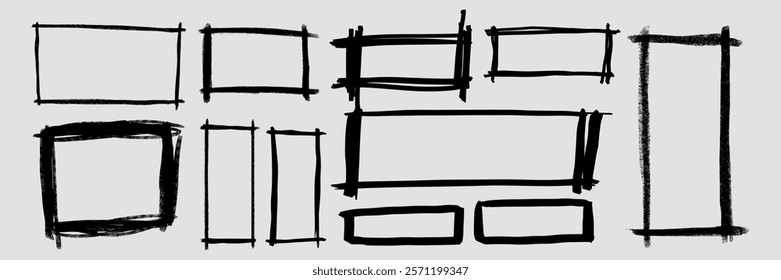 A collection of hand-drawn black rectangular frames. Sketchy, artistic frames in various sizes. Perfect for creative designs, adding a unique touch to projects. Hand drawn doodle frames, vector set.