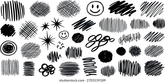Colección de garabatos negros dibujados a mano, Formas y caras sonrientes sobre un fondo blanco, perfecto para Elementos de diseño.
