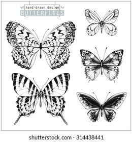 Collection of hand-drawn black silhouette butterflies, vector set 2. 