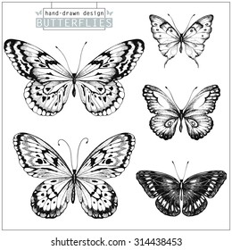 Collection of hand-drawn black silhouette butterflies, vector set 1. 