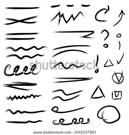  A collection of hand-drawn black underlines, brackets and checkmarks for to-do lists and notes. Hand drawings, various lines, circles, arrows. Vector isolated illustration