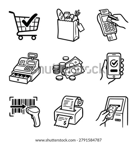 A collection of hand-drawn black and white icons depicting various aspects of shopping and payment, including a shopping cart, grocery bag, credit card terminal, cash register, money, smartphone paym.