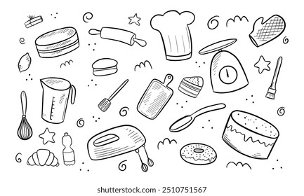 A collection of hand-drawn black and white illustrations depicting baking supplies and sweet treats.