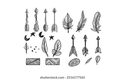 A collection of hand-drawn black and white illustrations of Native American symbols including arrows, feathers, and abstract shapes.