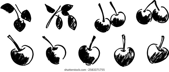 A collection of hand-drawn black and white illustrations of cherries and apple-like fruits with leaves. The designs vary in shape and size, showcasing different perspectives.