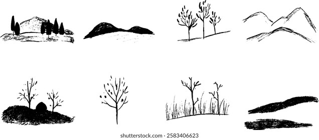 A collection of hand-drawn black and white landscape illustrations featuring hills, trees, and mountains in various styles.