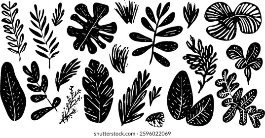 A collection of hand-drawn black and white leaves and foliage illustrations, featuring various shapes and sizes, ideal for botanical designs.