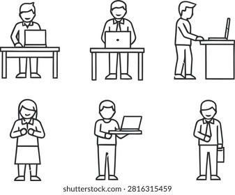 A collection of hand-drawn black and white line art illustrations depicting various business professionals in different work scenarios, including using laptops, standing at desks, and holding briefcases, isolated on a clean white background for versatile design use.