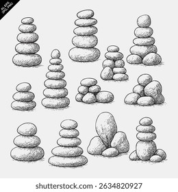 collection of hand-drawn black and white stacked stone illustrations on plain background
