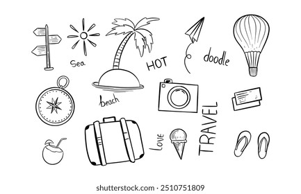 Uma coleção de rabiscos de viagem pretos e brancos desenhados à mão, incluindo sol, palmeira, bússola, avião, balão de ar quente, câmera, mala, sorvete e chinelos.