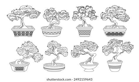 Collection Of Hand-drawn Black And White Various Bonsai Trees In Decorative Pots. Bonsai Art Illustrations