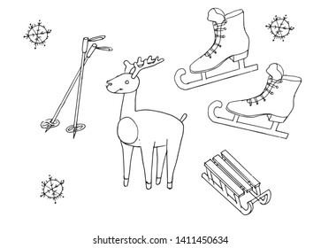 Collection of hand-drawn black and white vector illustrations. Deer, skates, sled and snowflakes.  Vector graphic set.