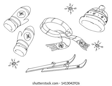 Collection of hand-drawn black and white vector illustrations. Hat, scarf, gloves and skiing. Vector graphic set.