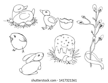 Collection of hand-drawn black and white vectors. Ducks, eggs, rabbit and cake. Vector graphic set.