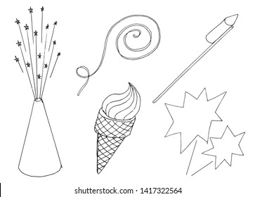 Collection of hand-drawn black and white vectors. Fireworks, fountain of sparks, ice cream. Vector graphic set.