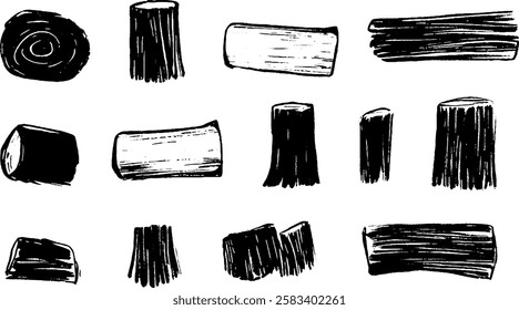 A collection of hand-drawn black and white wood logs and stumps in various shapes and sizes, showcasing different textures and patterns.