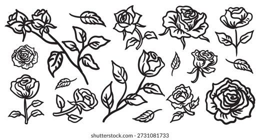 A collection of hand-drawn blooming roses featuring detailed petals and organic line art. This vector illustration is perfect for floral design projects, romantic branding, wedding invitations, greeting cards, posters, scrapbooking, and decorative elements. Suitable for digital and print use with a classic and artistic floral aesthetic.