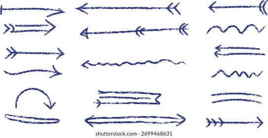 Una colección de flechas y líneas azules dibujadas a mano con una textura similar a la tiza. Varias Formas y direcciones para los Elementos de diseño. Añade un toque rústico o artístico.