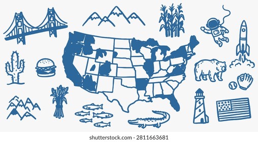 A collection of hand-drawn blue icons representing various aspects of the United States, including landmarks, nature, food, and culture, arranged around a map of the USA.