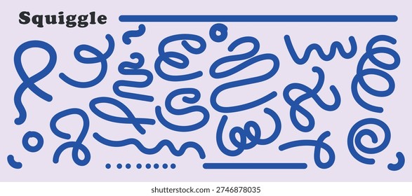 Collection of hand-drawn blue squiggle doodles and abstract shapes scattered on a light purple background
