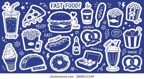A collection of hand-drawn, blue and white fast food icons and text elements on a dark blue background. Includes pizza, burger, fries, hot dog, tacos, donuts, ice cream, popcorn, coffee, and drinks.