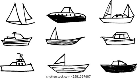 A collection of hand-drawn boats, including sailboats, motorboats, and fishing boats, arranged in a grid pattern. Each boat features unique designs and styles.