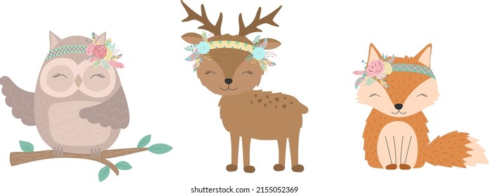 Collection of hand-drawn boho animals. The image of a fox, deer, owl with flowers and feathers. Vector by national american motifs for baby shower, cards, flyers, posters, prints, holiday, clothes