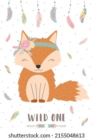 Collection of hand-drawn boho cute fox with words Wild one. Background of feathers and polka dots. Vector by national american motifs for baby, cards, flyers, posters, prints, holiday