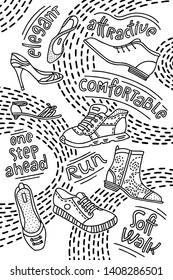 Collection of hand-drawn boots for men and women with lettering isolated on white. Vector doodle illustration can be used for poster design, web banner, decorate a shoe store