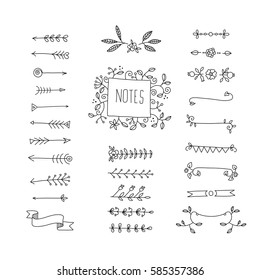 Collection of handdrawn borders made and arrows. Design elements for cards and invitations. Vector illustration