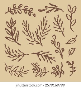 Collection of hand-drawn botanical elements, featuring various leaf designs. Perfect for nature-themed projects, botanical, and organic designs. Hand drawn botanical vector set.