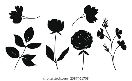 A collection of hand-drawn botanical floral silhouettes featuring various flowers and leaves. Perfect for nature-themed designs, branding, textiles, and decorative elements.