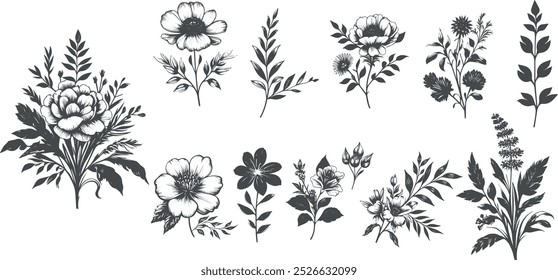 Una colección de ilustraciones botánicas dibujadas a mano con varias plantas, incluida una flor de hibisco, ramitas y delicadas flores, estilo blanco y negro