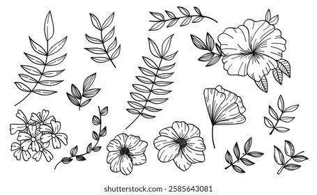 A collection of hand-drawn botanical line art featuring flowers, leaves, and wildflowers.