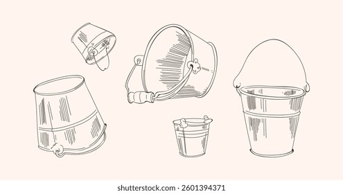 A collection of hand-drawn bucket sketches